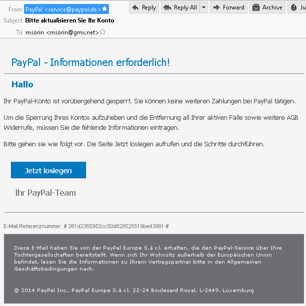PayPal Phishing for German customers with innovative social engineering technique