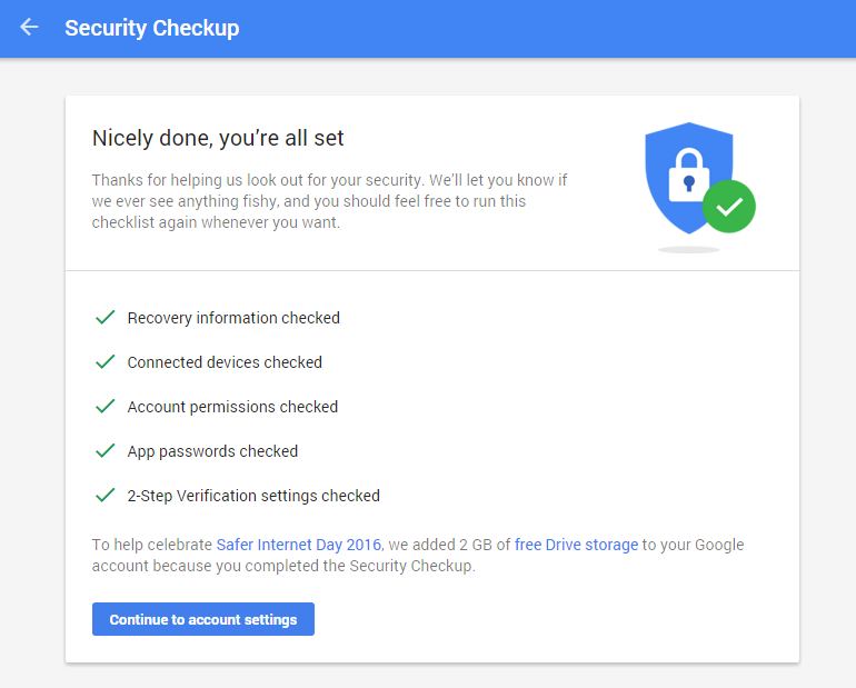 Google gives 2GB GDrive space for completing security checkup