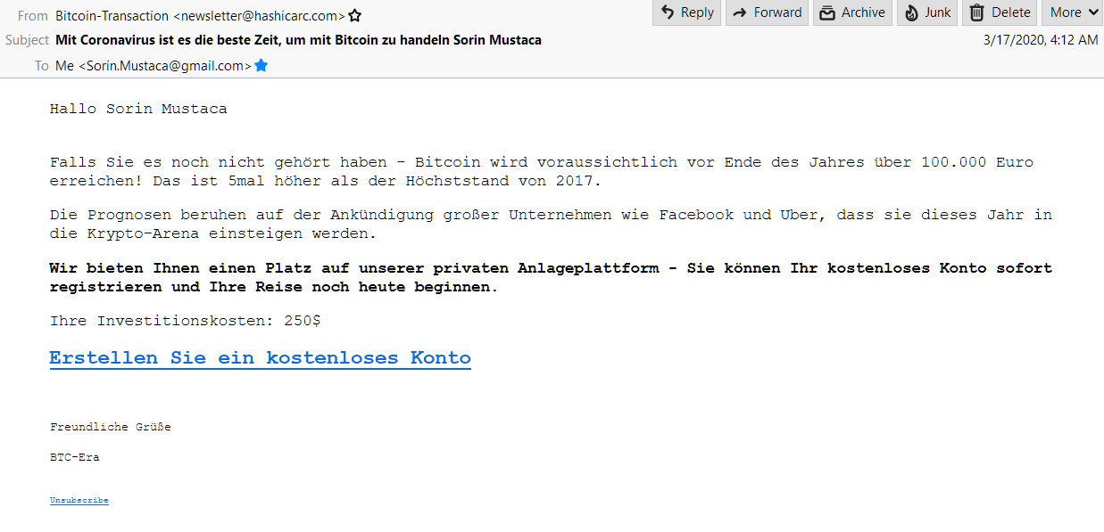 Bitcoin scam related to the Corona virus
