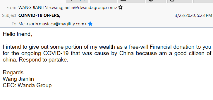 Nigerian Scam ? No, COVID-19 scam, from China